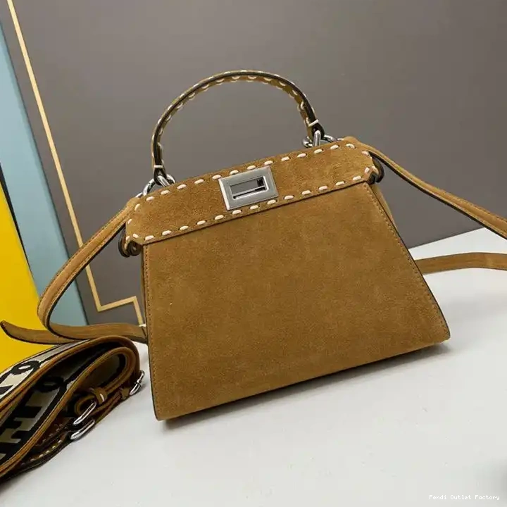 HOT Stitching In Brown Fendi Peekaboo Suede Iconic Mini Bag 0502